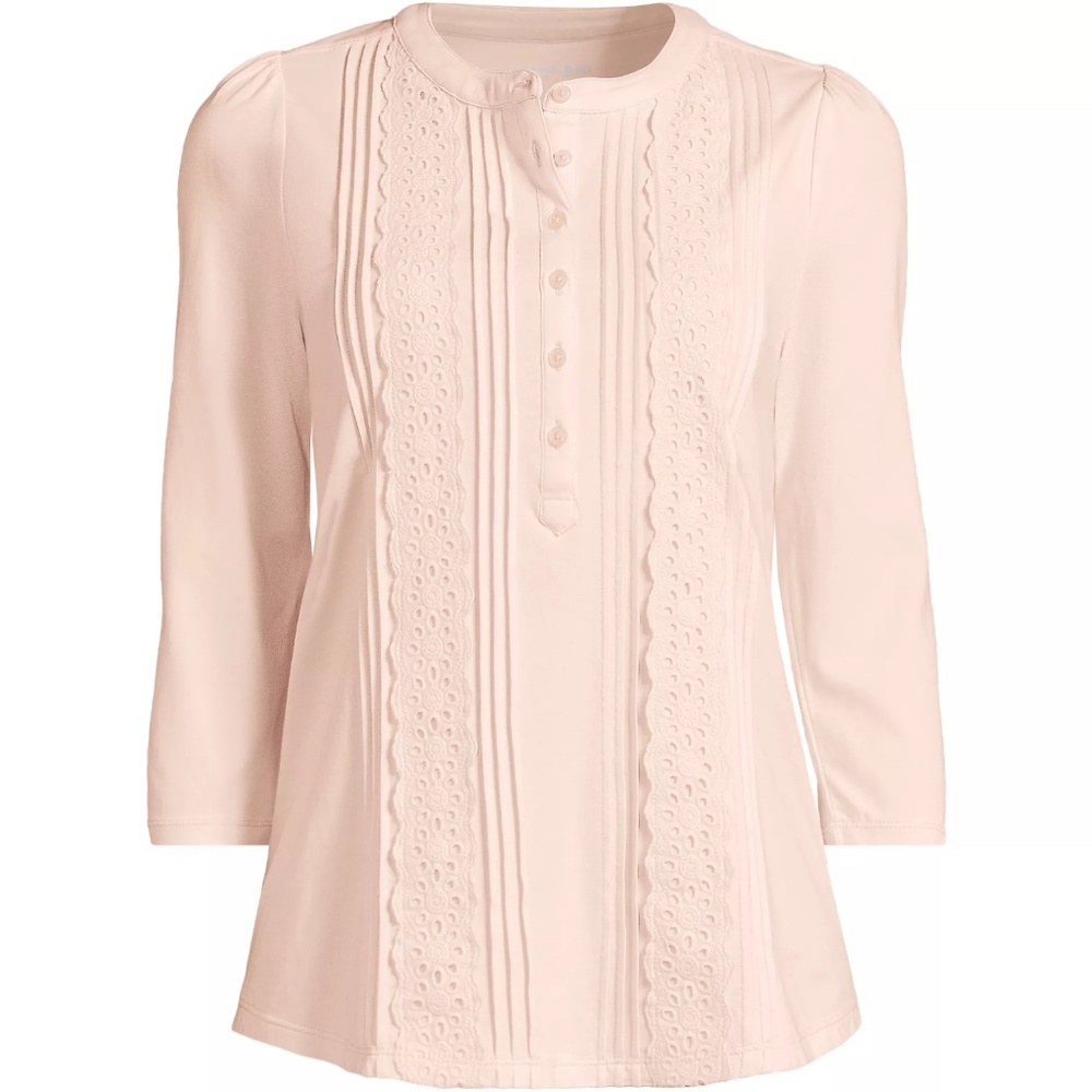 NEW WOMENS TOP PINK OPAL LANDS END 3/4 SLEEVE LIGHTWEIGHT EMBELLISHED SHIRT L